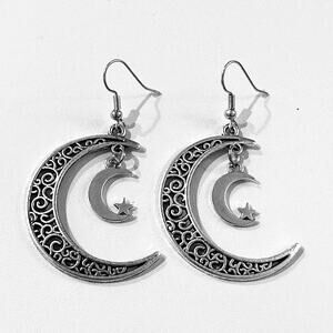 Silver Moon and Star Drop Earrings